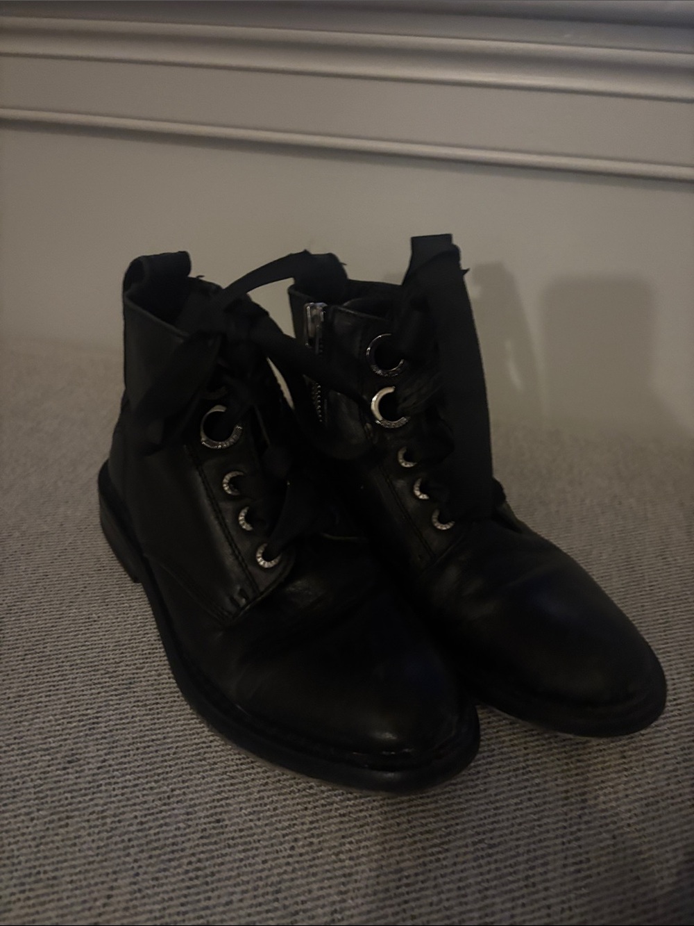 Zadig & Voltaire Black Leather Ankle Booties with Ribbon Laces